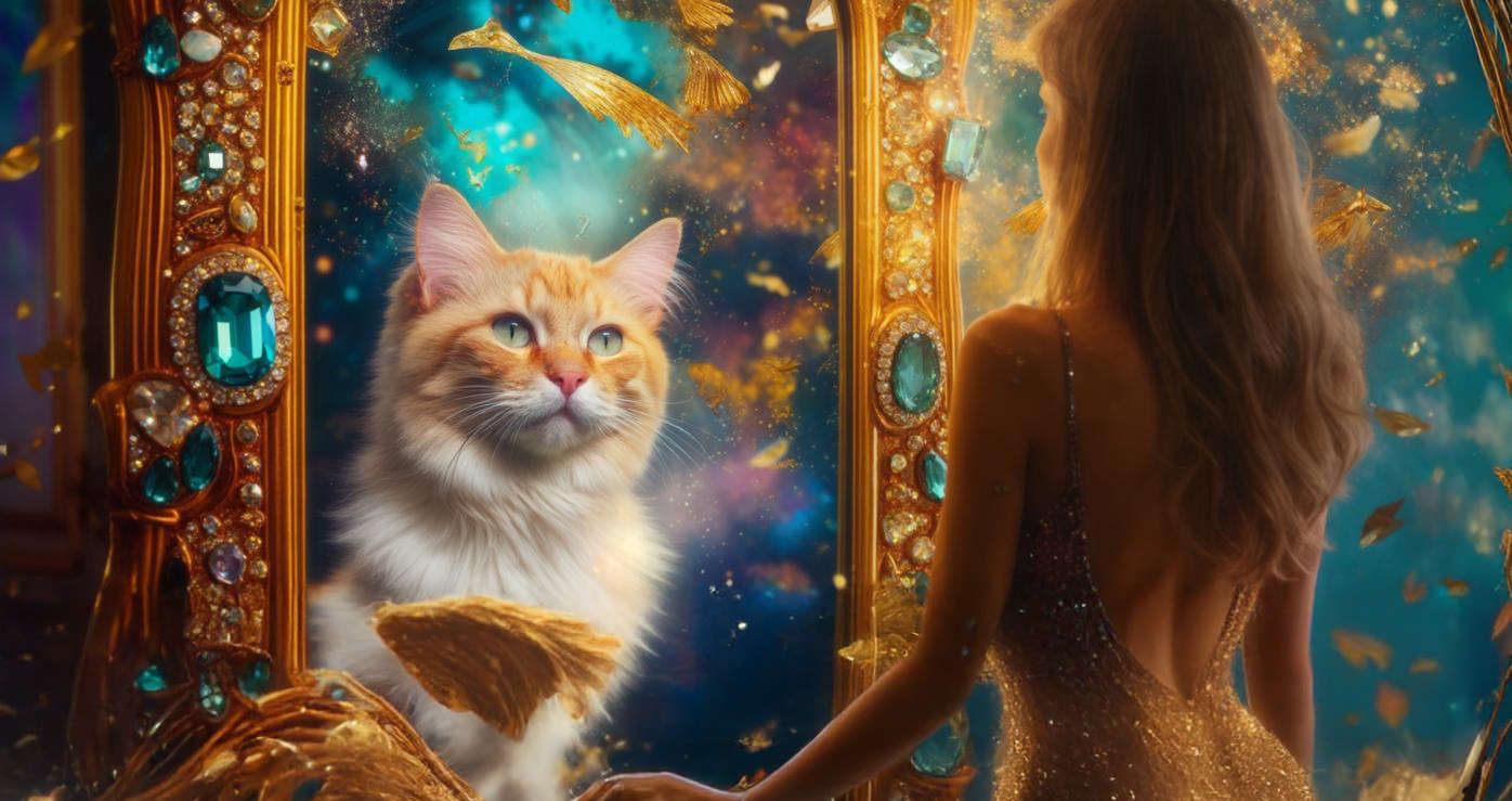 meisje en spiegel met kat